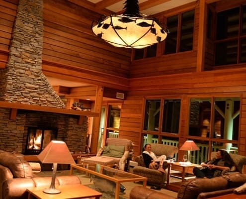 two women talking on lodge